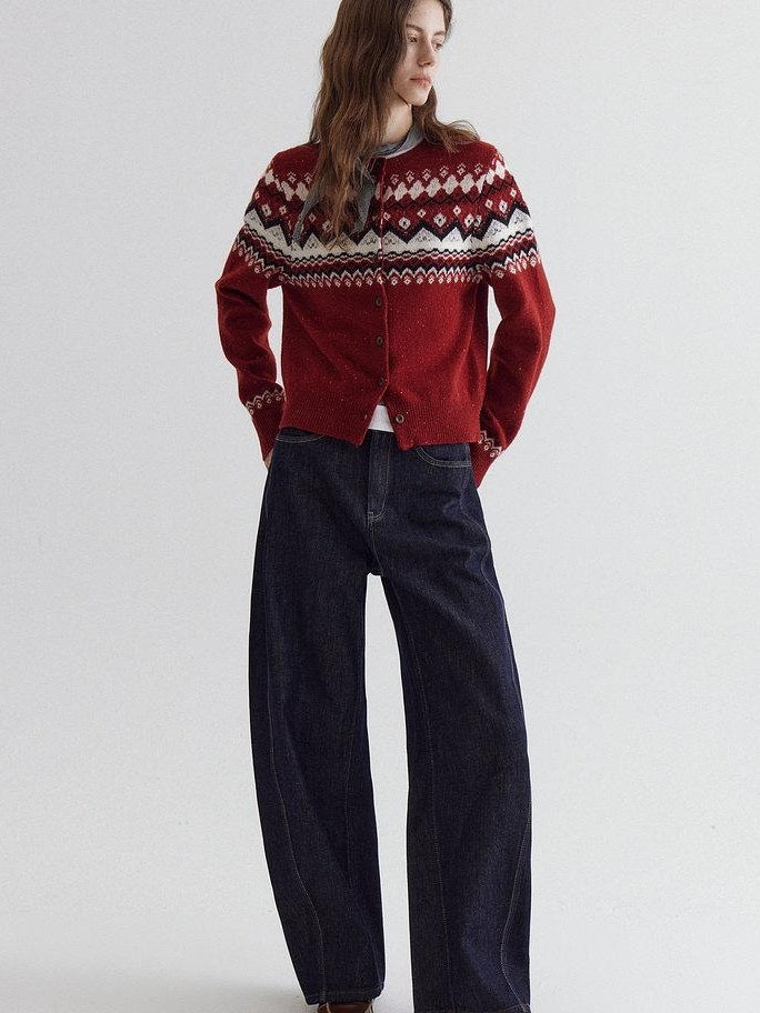 fano Warm Sheep Wool Jacquard Loose Korean Commuter Crewneck Red Women Cardigans
