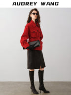 audreyyang Premium Sheepskin Mid Waist Straight Front Slit Black Women Leather Midi Skirts