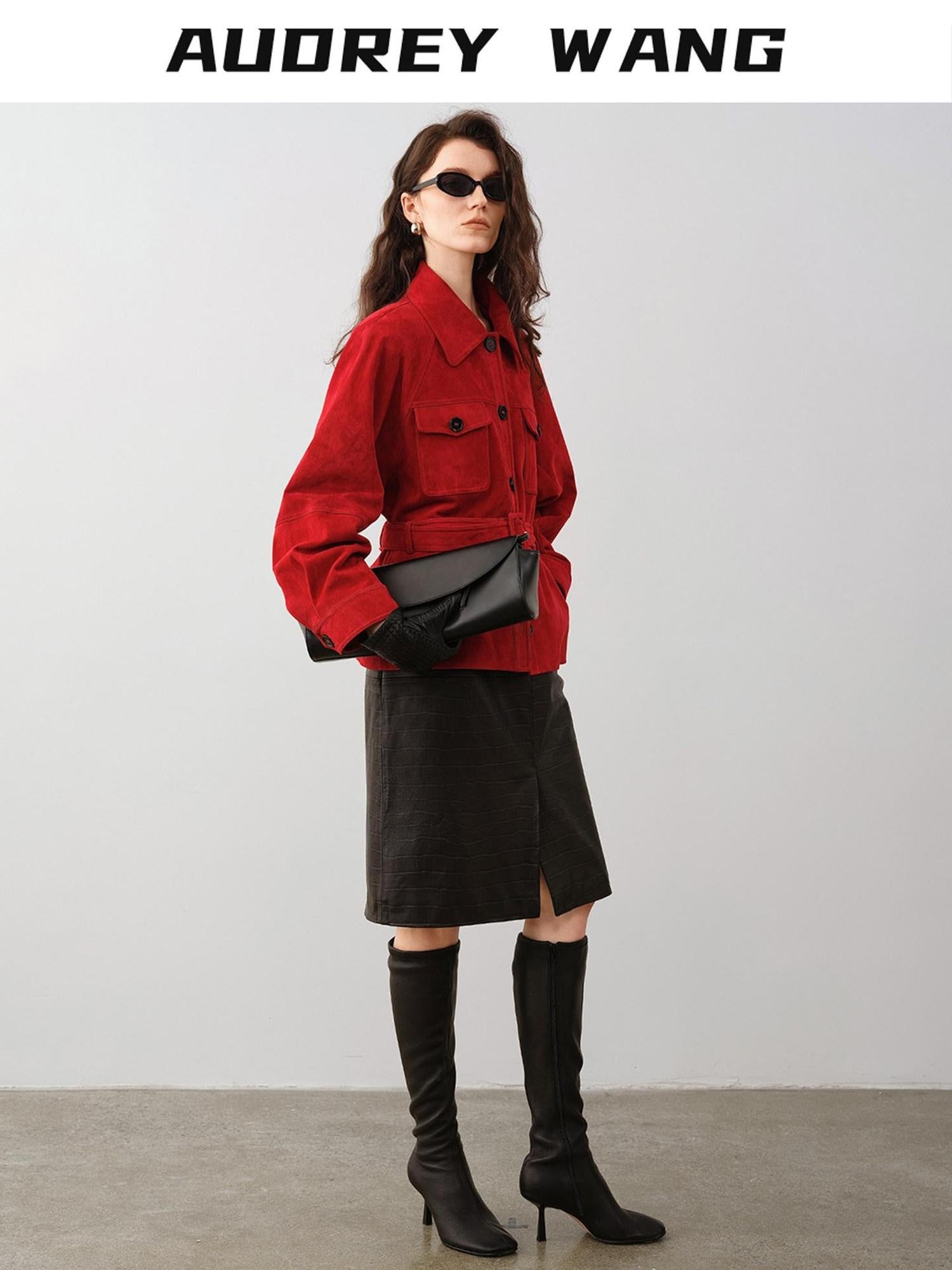 audreyyang Premium Sheepskin Mid Waist Straight Front Slit Black Women Leather Midi Skirts