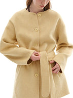 someone sometimes Minimalist Belted Roundneck Single Breasted 50 Percent Wool Yellow Wool Coats