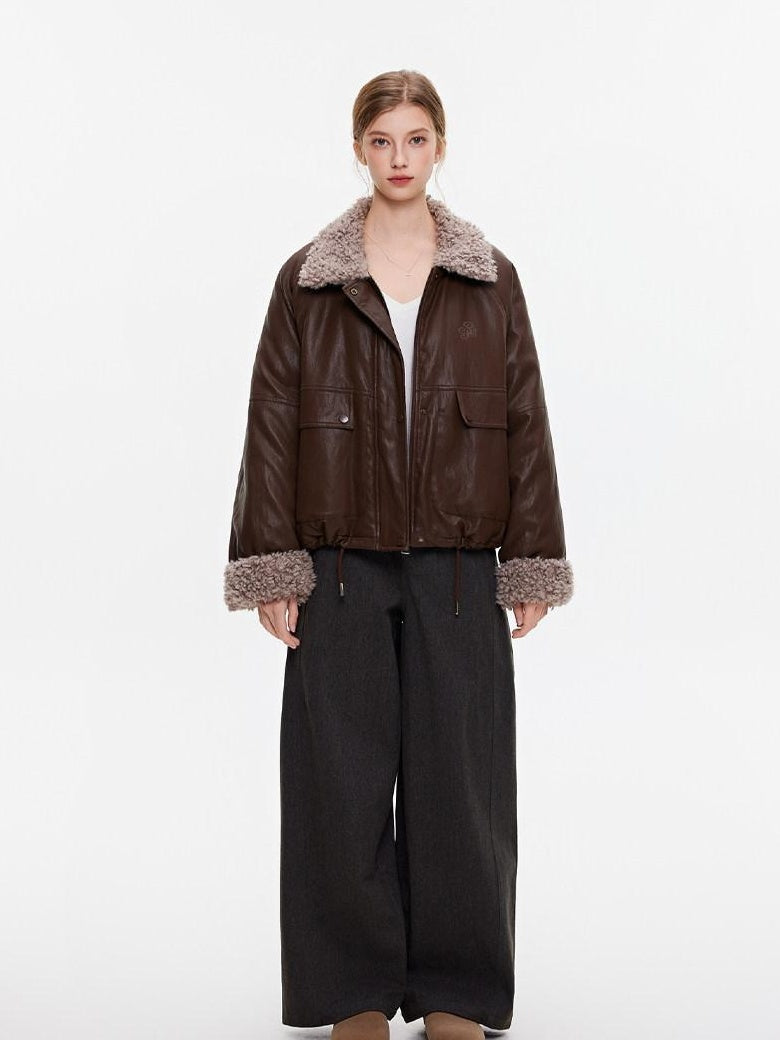 ikyou Thick Pu Leather Embroidered Zip Pocket Oversized Korean Brown Cropped Jackets