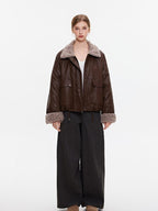 ikyou Thick Pu Leather Embroidered Zip Pocket Oversized Korean Brown Cropped Jackets