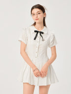 ikyou Pure Cotton Cinched Waist Minimal A Line Short Sleeve White Women Midi Dresses