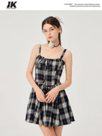 ikyou Slimming Cinched Waist Strappy Plaid A Line Office Midi Dresses