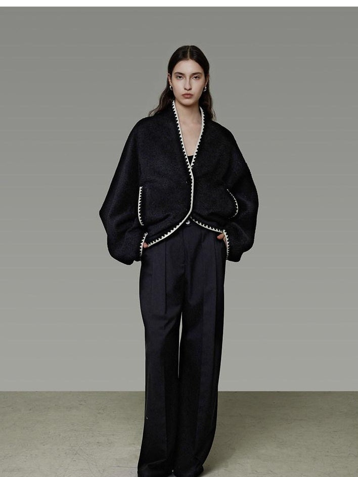 unspoken Minimalist Commuter Tailored Oversized V-neck Short Black Women Wool Coats