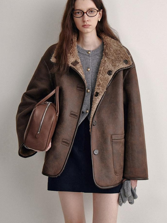 fano Reversible Vintage Straight Stand Collar Women Coffee Brown Short Coat