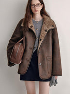fano Reversible Vintage Straight Stand Collar Women Coffee Brown Short Coat