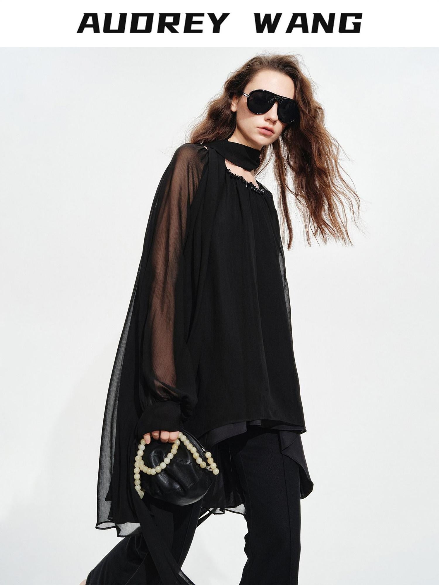 audreyyang Beaded Silk Elegant Loose Lantern Sleeve Tie Neck Black Midi Dresses