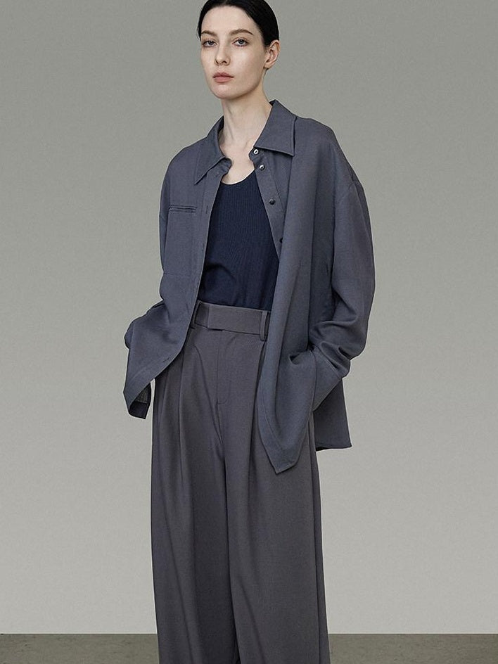 unspoken Skin Friendly Breathable Polyester Blend Loose Fit Blazer Collar Gray Shirts
