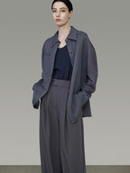 unspoken Skin Friendly Breathable Polyester Blend Loose Fit Blazer Collar Gray Shirts
