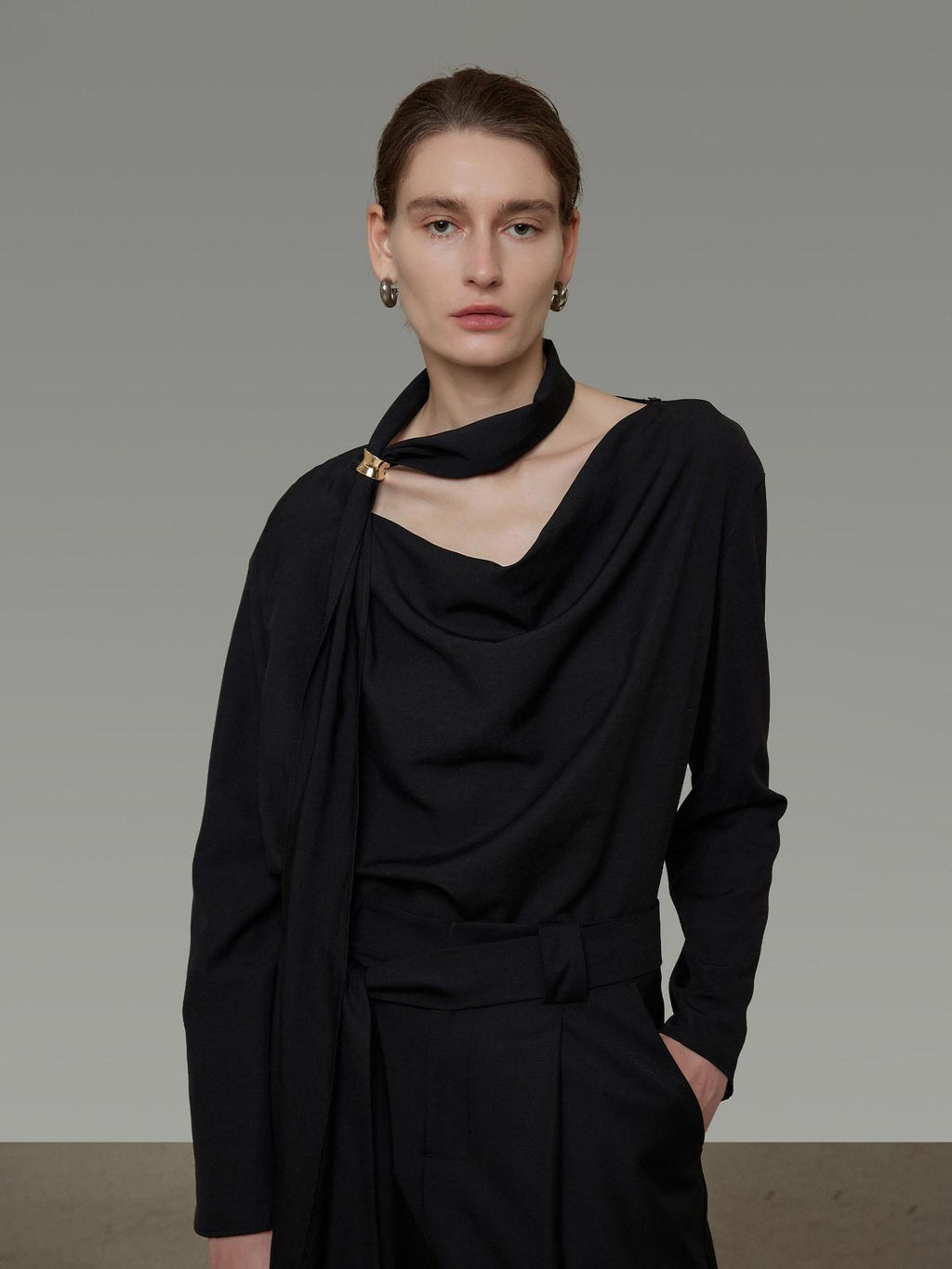 unspoken Breathable Minimalist Loose Fit Ribbon V-neck Office Women Solid Black Blouses