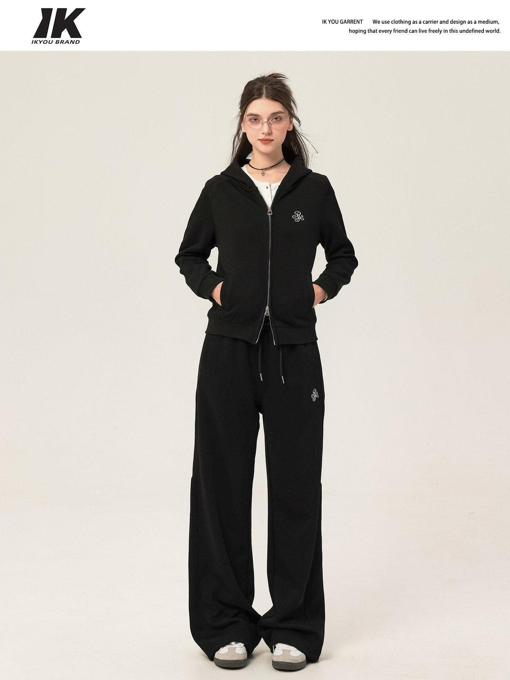 ikyou Slim Embroidered Ribbed Patchwork Cotton Lined Commuter Sweatpants