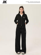 ikyou Slim Embroidered Ribbed Patchwork Cotton Lined Commuter Sweatpants