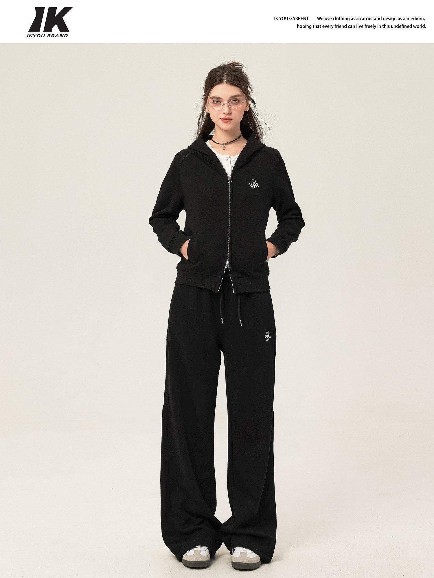 ikyou Slim Embroidered Ribbed Patchwork Cotton Lined Commuter Sweatpants