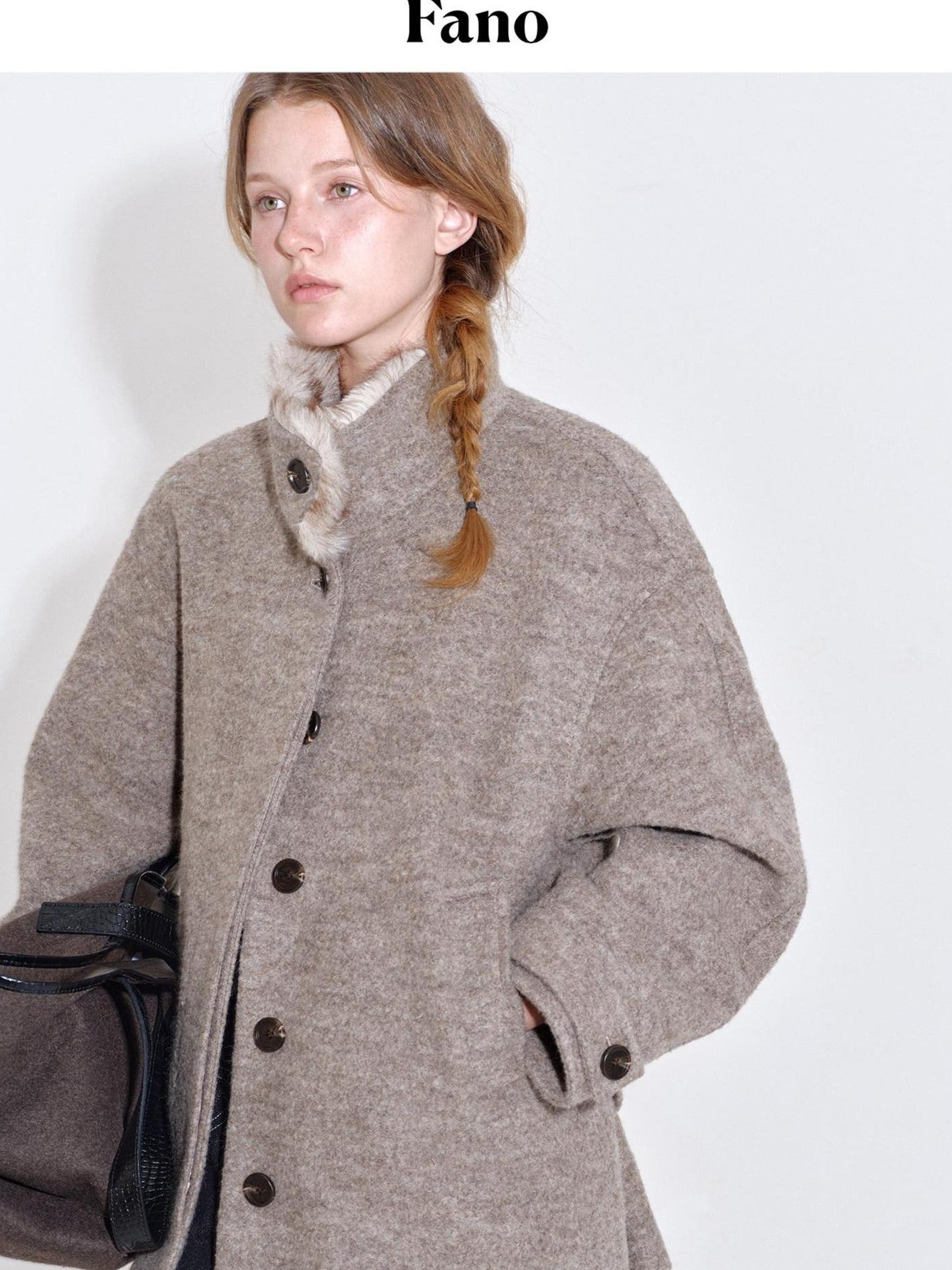 fano 70 Wool 30 Polyester Light Brown Women Korean Commuter Stand Collar Wool Coats