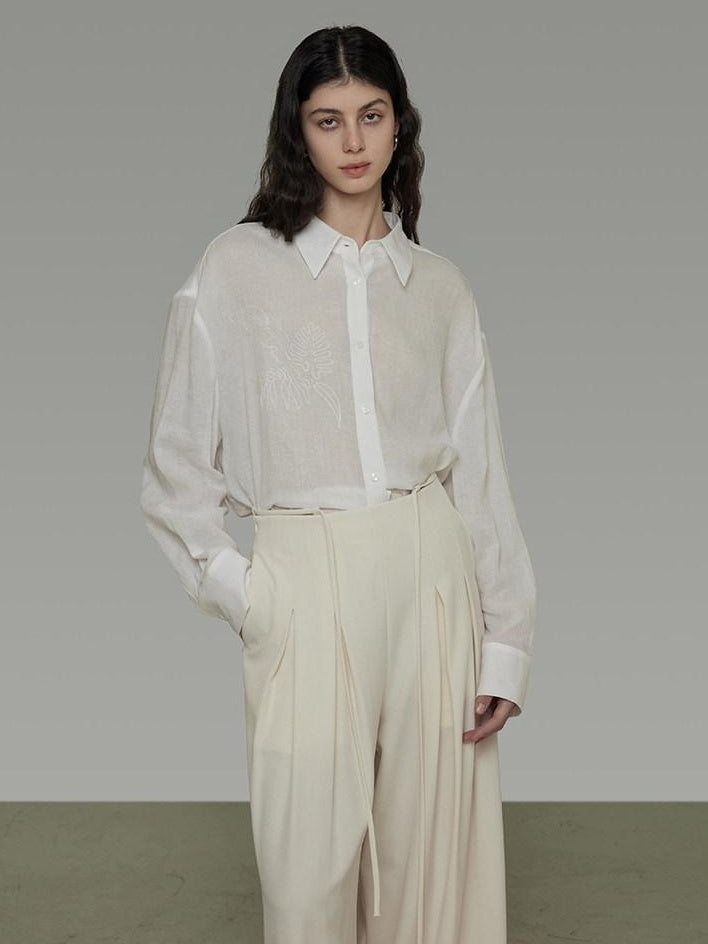 unspoken Breathable Embroidered Loose Polo Women Ramie Lyocell White Button Shirts