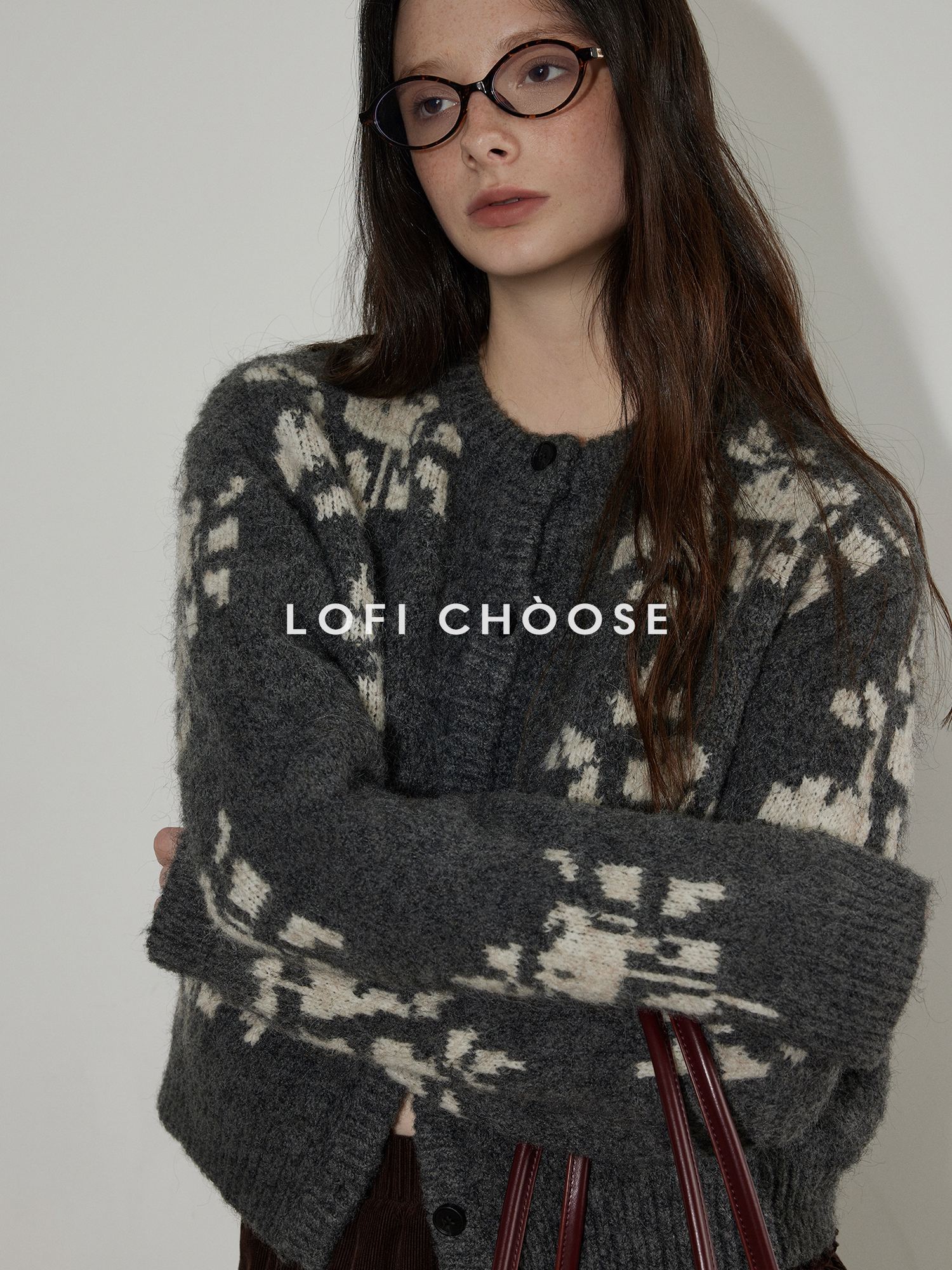 Lofi choose Cozy Thick Printed Wool Blend Relaxed Oversized Women Crewneck Cardigans