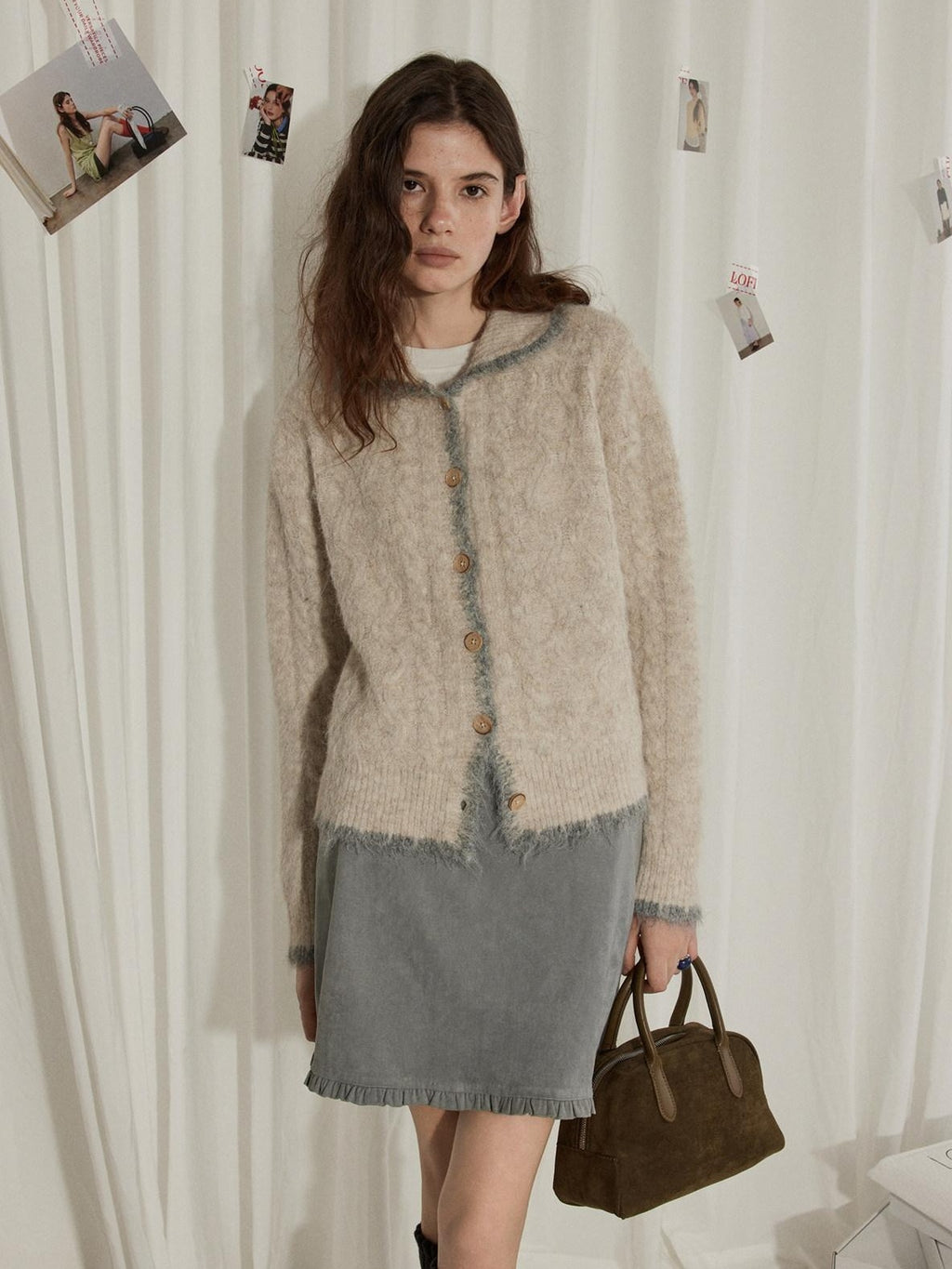 Lofi choose Wool Blend Contrast Trim Relaxed Lapel Button Women Oatmeal Knit Cardigans