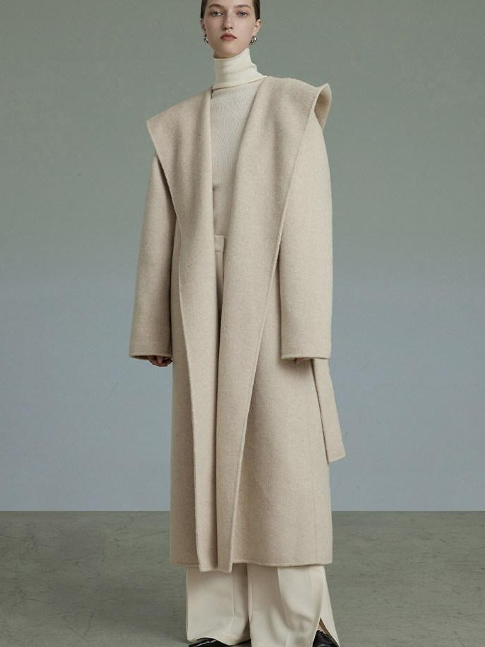 unspoken Premium 90 Wool 10 Alpaca Hooded Minimal Straight Long Oatmeal Wool Coats