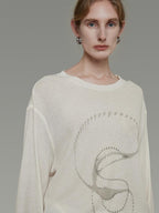 unspoken Lightweight Printed Minimalist Loose Round Neck Women Cream Pullover Sweaters