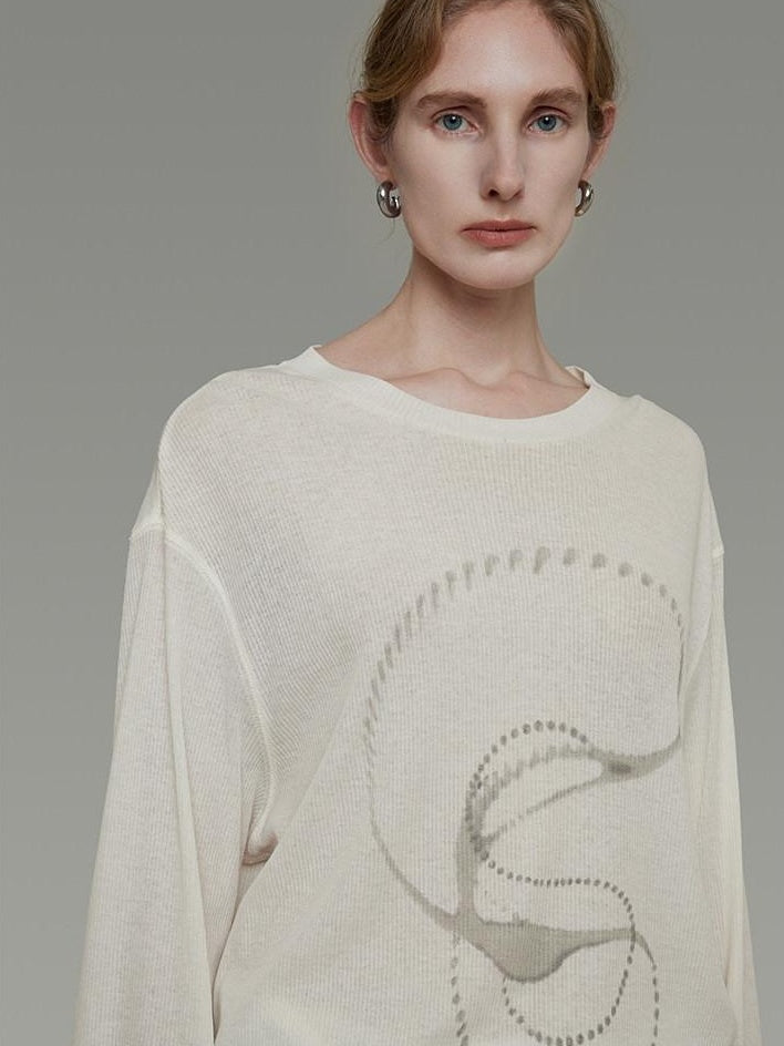 unspoken Lightweight Printed Minimalist Loose Round Neck Women Cream Pullover Sweaters
