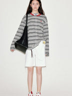 fano Moisture Wicking Casual Loose Patchwork Stripe Black Womens Long Sleeve T-Shirts