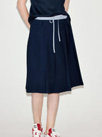 fano Classic Pleated Mid Waist Korean Office Navy Polyester Rayon Midi Skirts