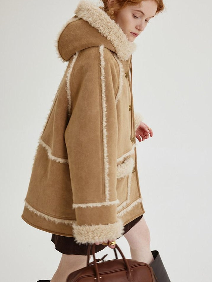 fano Warm Wool Blend Hooded Loose Patchwork Womens Commuter Long Coats