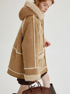 fano Warm Wool Blend Hooded Loose Patchwork Womens Commuter Long Coats