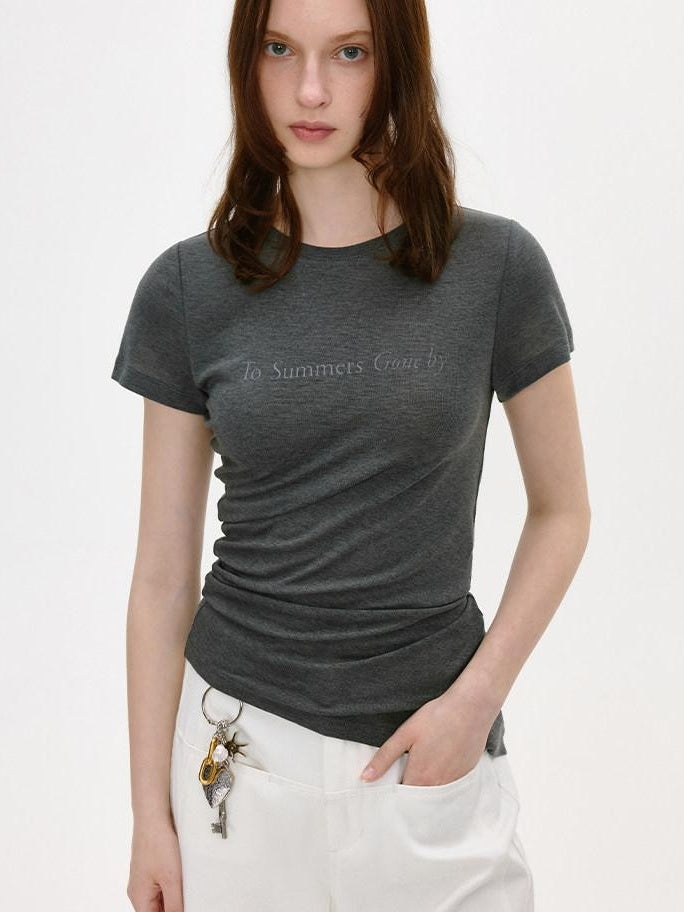 fano Lyocell Wool Blend Korean Slim Round Neck Long Sleeve Deep Gray Basic Crop Tops