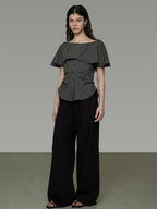 unspoken Breathable Minimal Loose Ruffle Boatneck Women Plaid Button Short Sleeve Blouses
