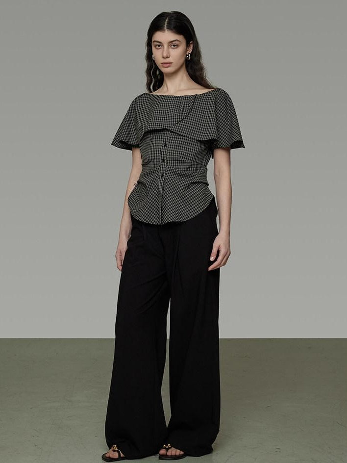 unspoken Breathable Minimal Loose Ruffle Boatneck Women Plaid Button Short Sleeve Blouses