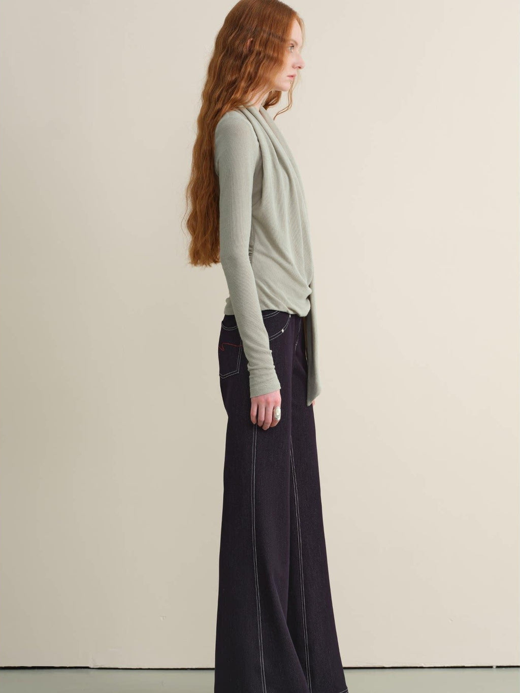someone sometimes Stretch Minimal Natural Waist Topstitch Detail Women Midnight Blue Flared Jeans