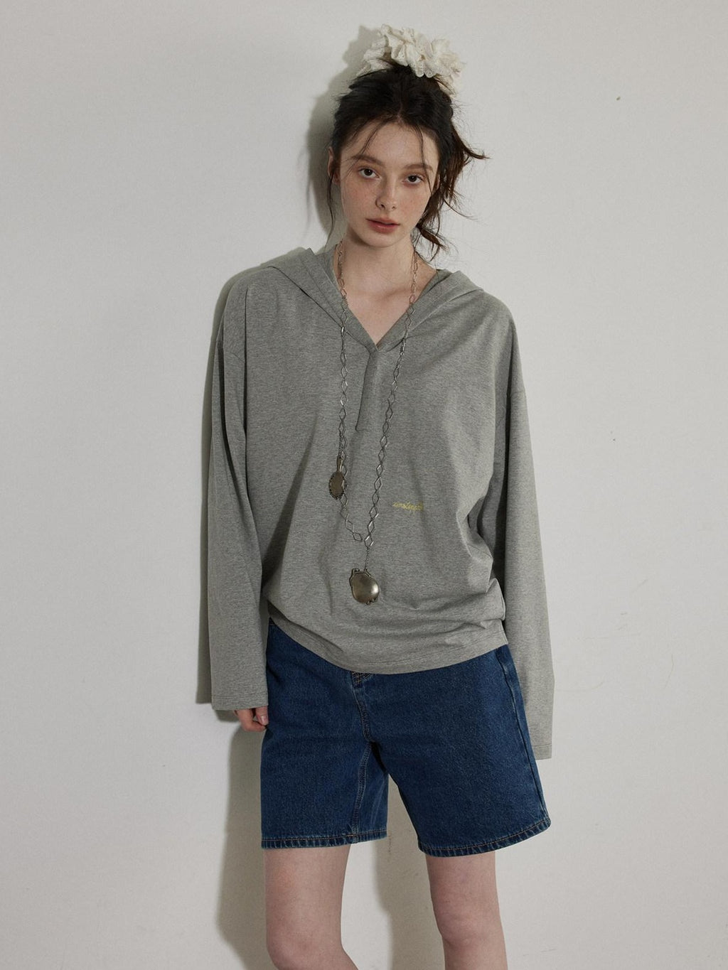 Lofi choose Cozy Loose Fit V-neck Hooded Commuter Style Women Green Gray Hoodie