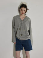 Lofi choose Cozy Loose Fit V-neck Hooded Commuter Style Women Green Gray Hoodie