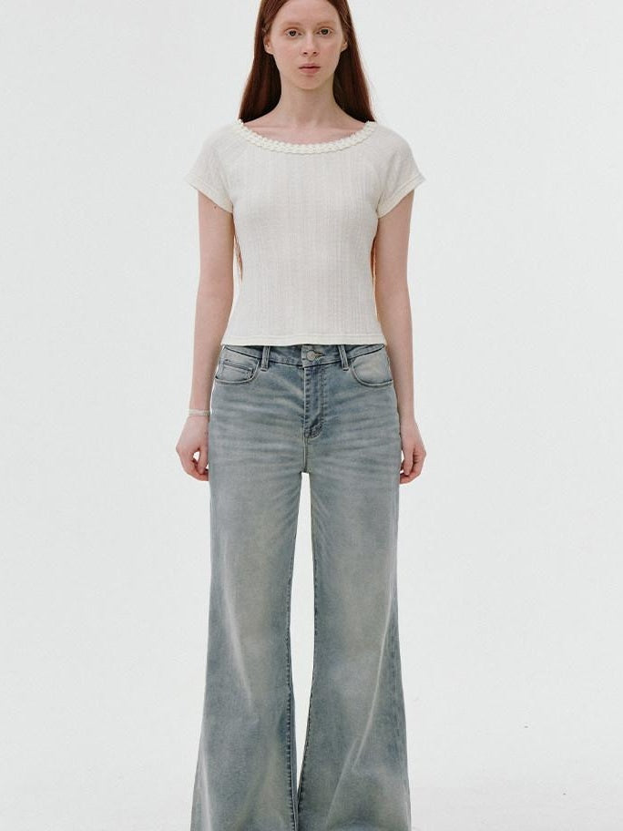 fano Comfortable Relaxed Natural Waist Zipper Fly Light Blue Straight Leg Jeans