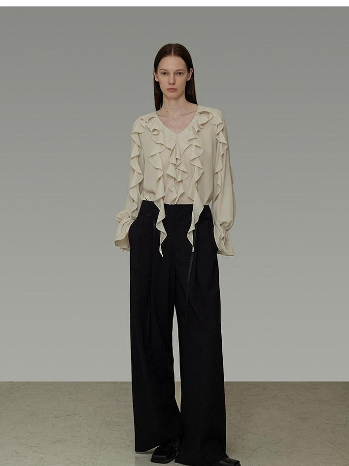 unspoken Breathable Soft Minimalist Commuter Loose Bell Sleeve V-neck Office Blouses