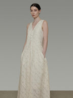 unspoken Elegant Jacquard V-neck High Waist A Line Sleeveless Work Off White Maxi Dresses