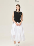 ikyou Office Minimal 3D Detail A Line Sleeveless Round Neck Black White Maxi Dresses