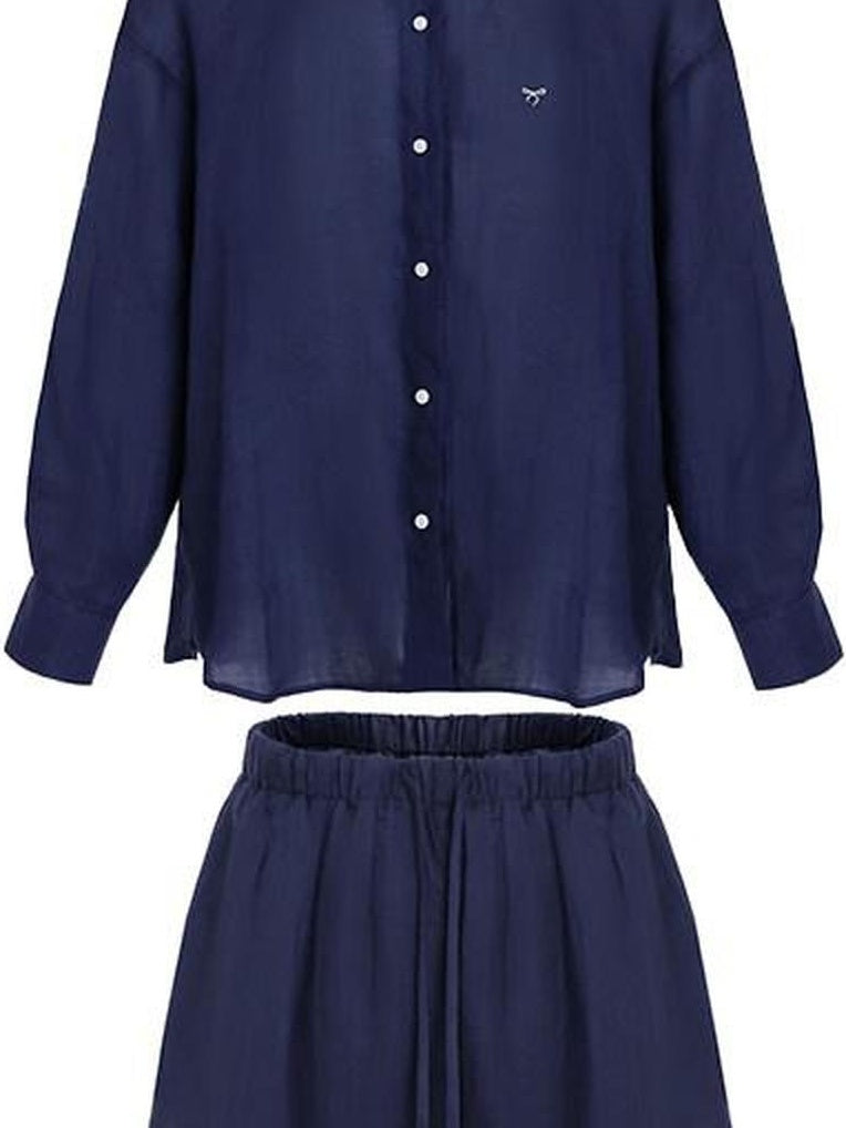 fano Comfortable Collared Long Sleeve Navy Two Piece Women Top & Shorts Sets