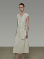 unspoken Cotton Blend Tie Waist Minimalist Commuter Short Sleeve U Neck Maxi Dresses