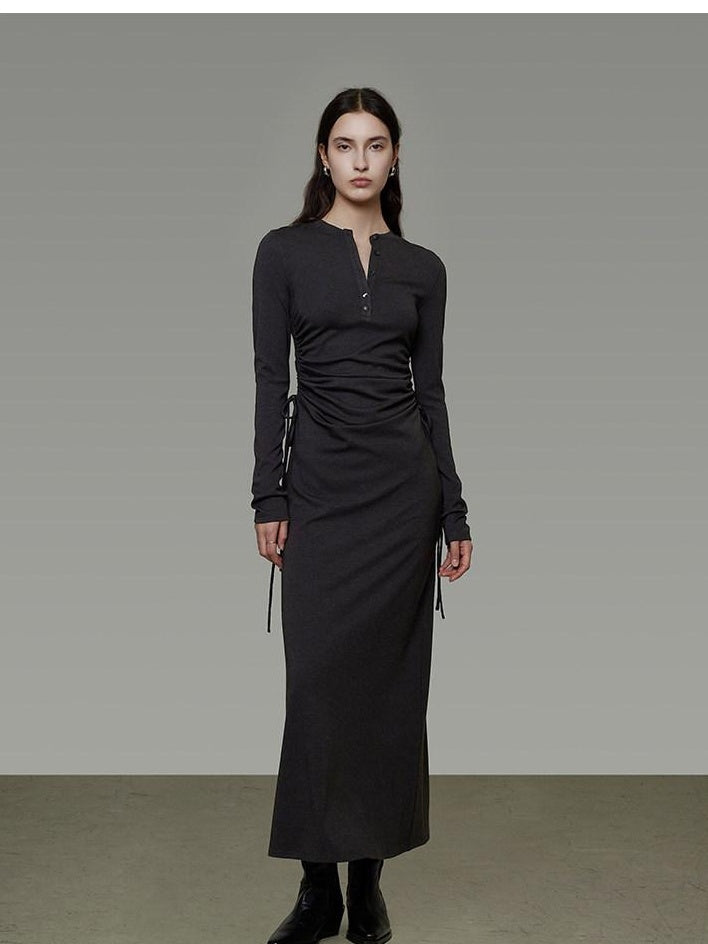 unspoken Breathable Tencel Ruched High Waist A Line Long Sleeve Slim Office Maxi Dresses