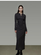 unspoken Breathable Tencel Ruched High Waist A Line Long Sleeve Slim Office Maxi Dresses