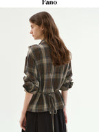 fano Soft Cotton Tie Bow Plaid Long Sleeve Stand Collar Office Cardigan Women Blouses