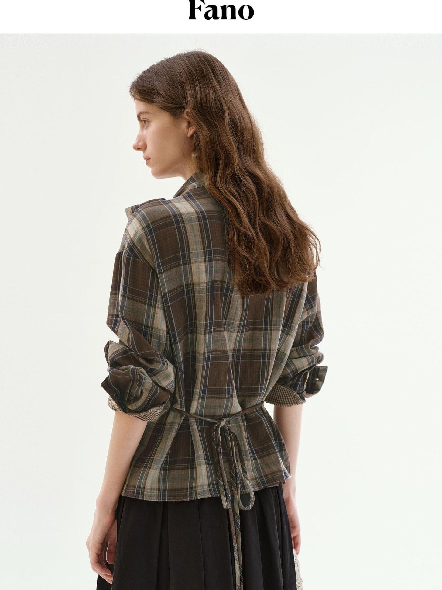fano Soft Cotton Tie Bow Plaid Long Sleeve Stand Collar Office Cardigan Women Blouses