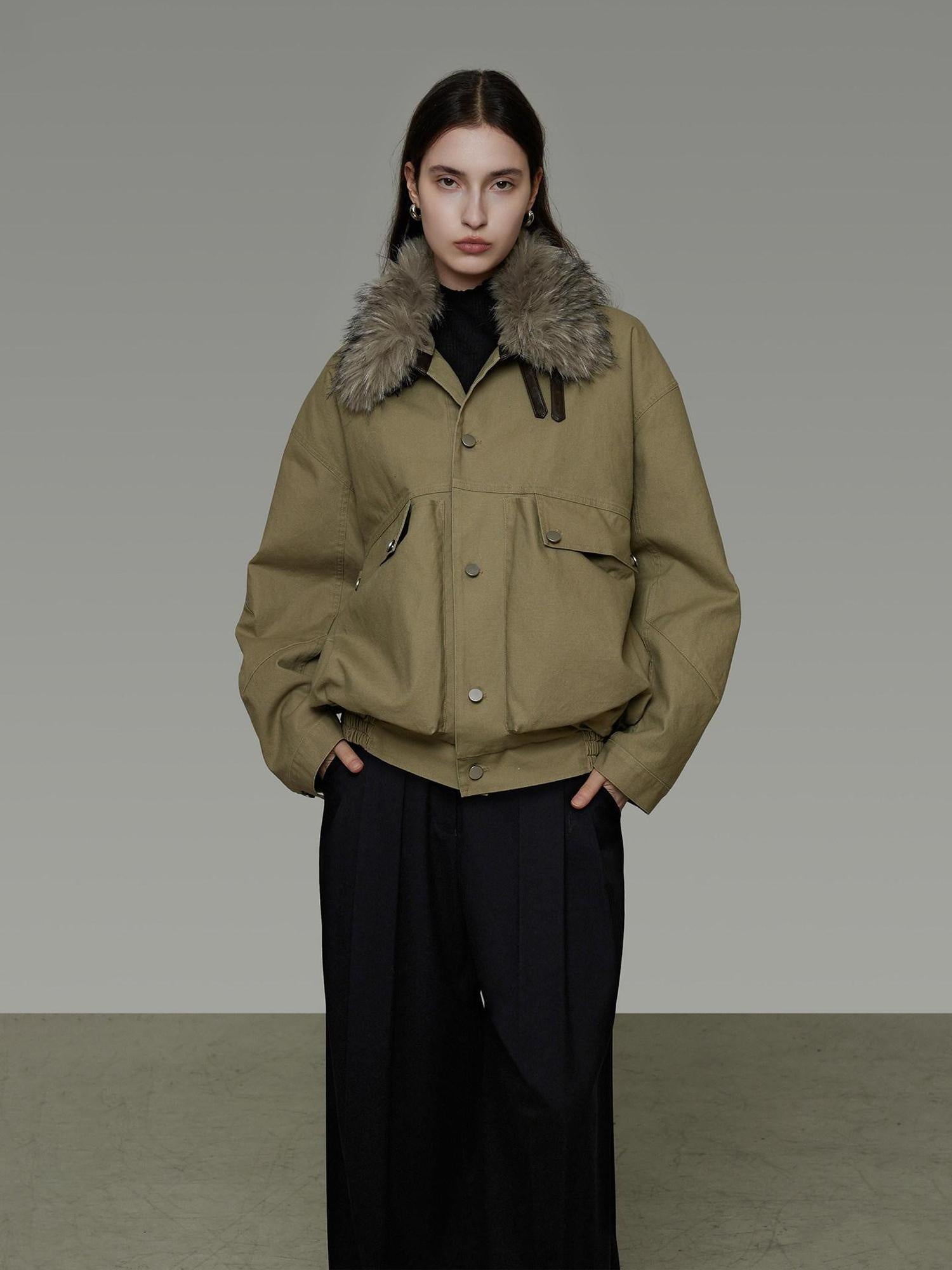 unspoken Thick Fleece Lined Fur Collar Loose Minimal Commuter Women Sage Puffer Jackets