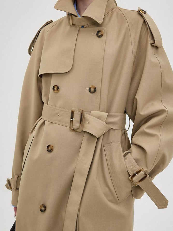 fano Double Breasted Button Loose Fit Raglan Sleeve Commuter Women Khaki Trench Coats
