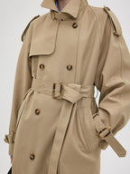 fano Double Breasted Button Loose Fit Raglan Sleeve Commuter Women Khaki Trench Coats