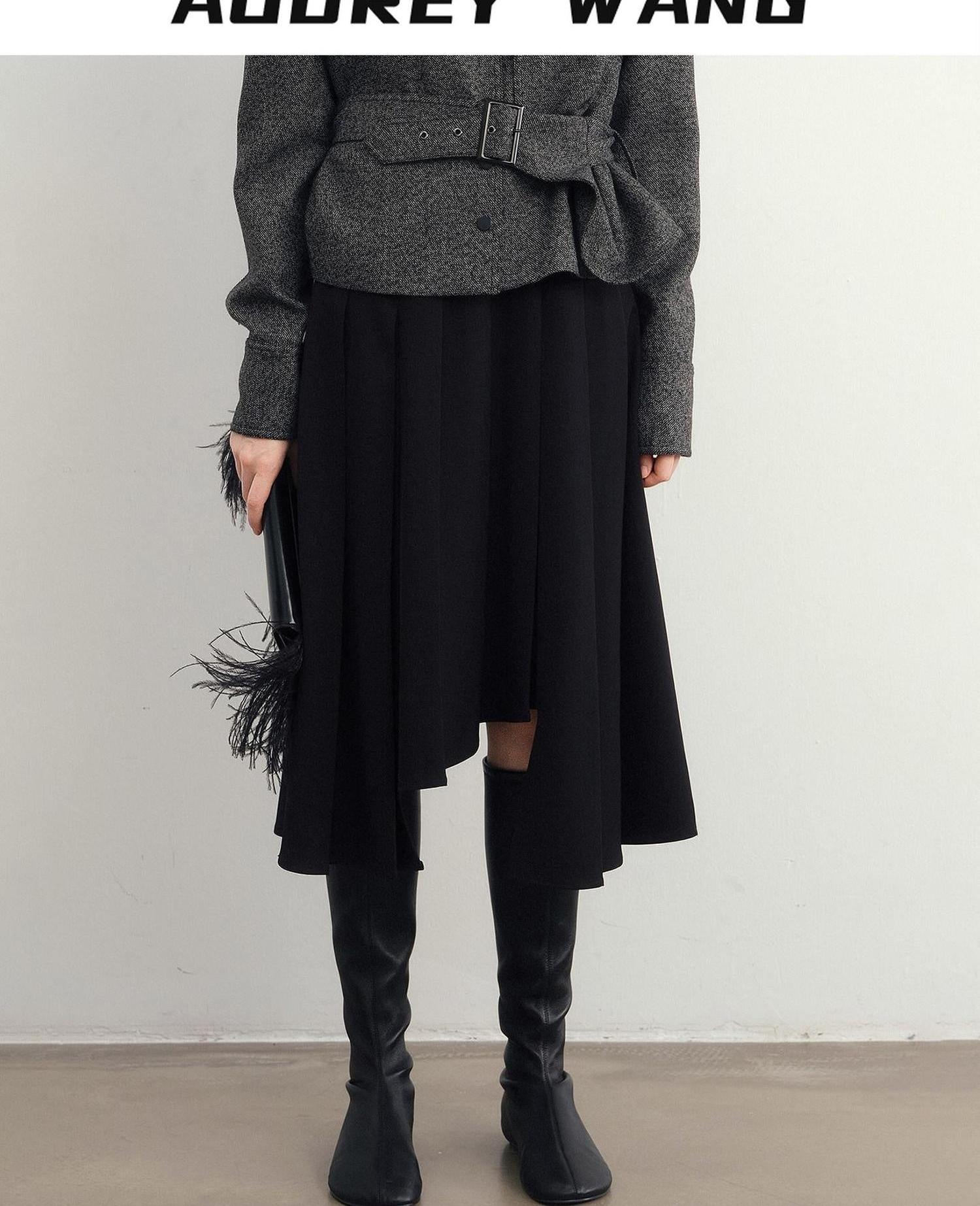 audreyyang Hand Pleated Lined Asymmetrical A Line Mid Waist Polyester Blend Midi Skirts