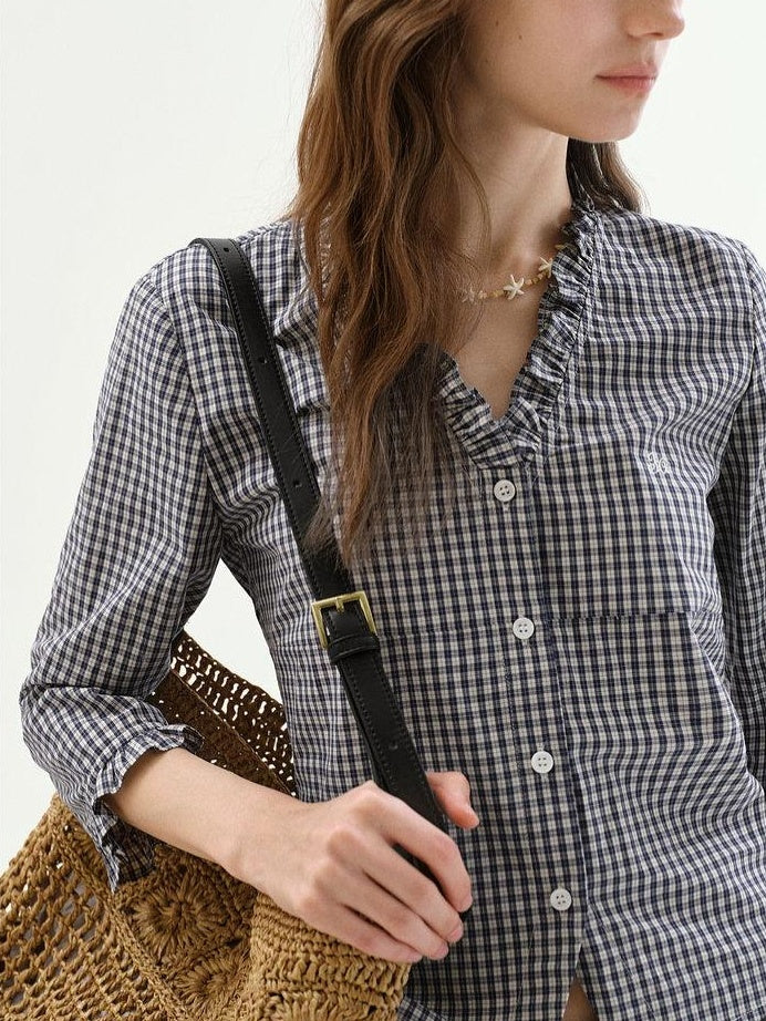 fano Warm Cotton V-neck Tie Slim Minimal 3 4 Sleeve Blue White Check Work Blouses